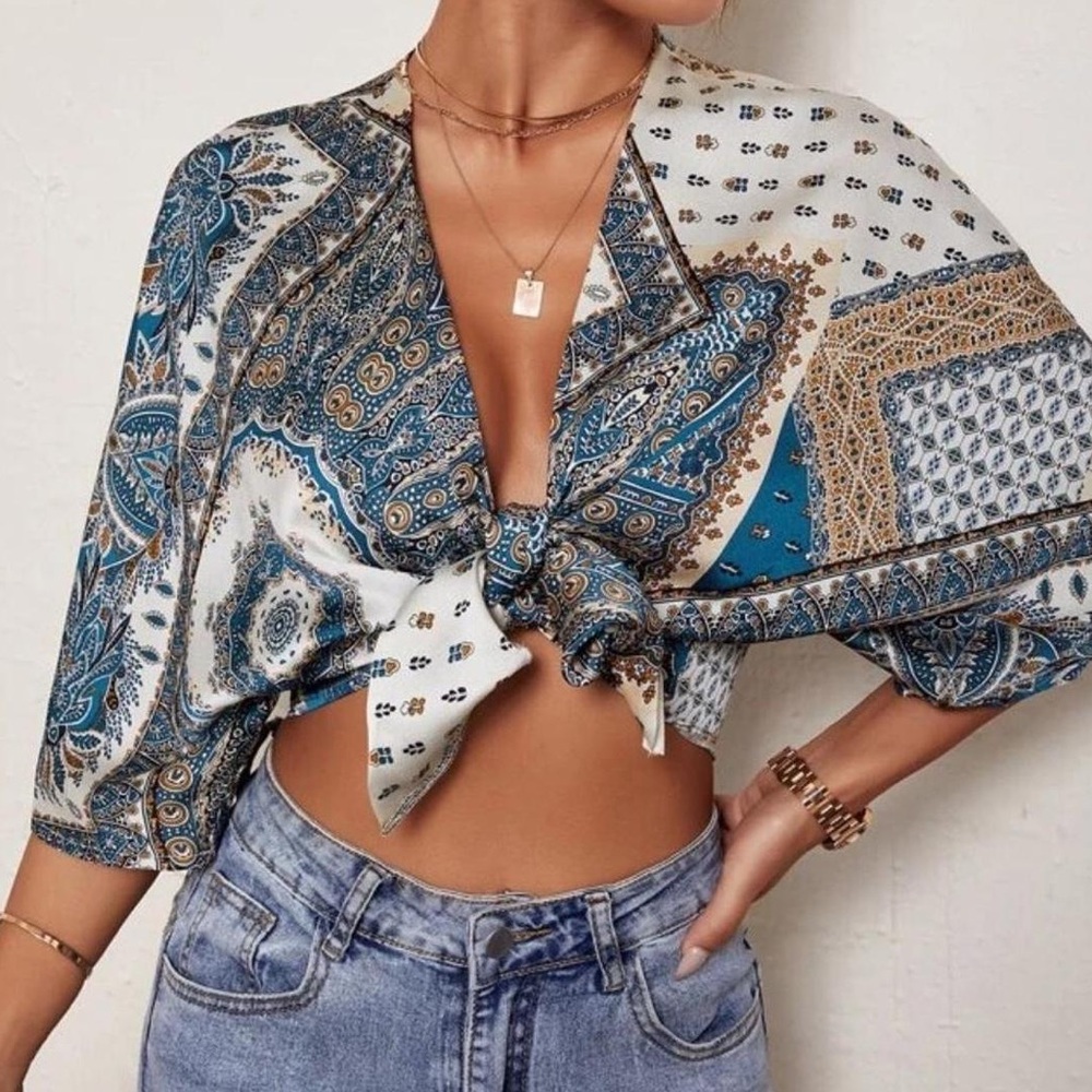2/$10 SHEIN Blue and White Paisley Tie-Front Blouse
